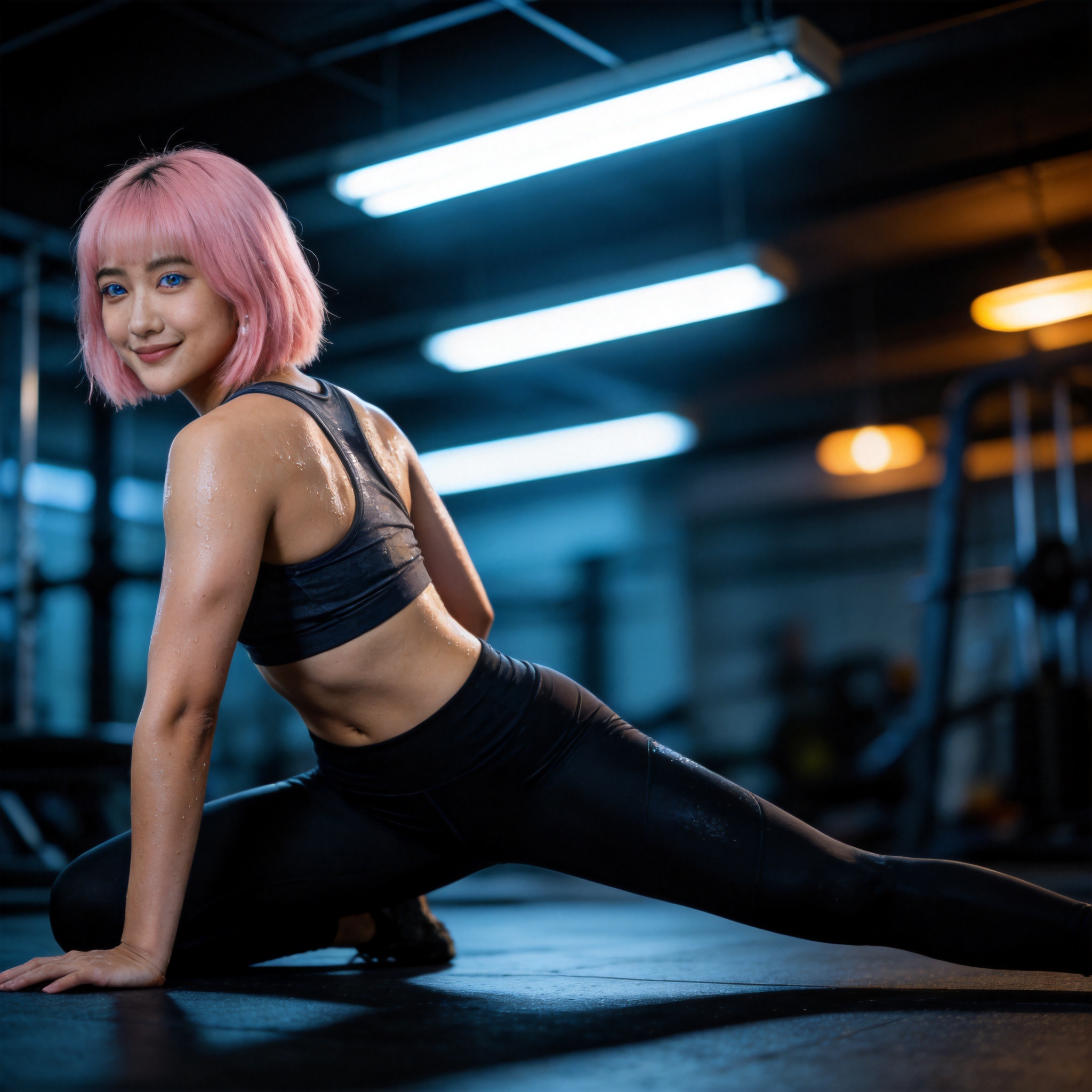 Min Vu in a gym, stretching after class, generated from custom prompt on Clonella