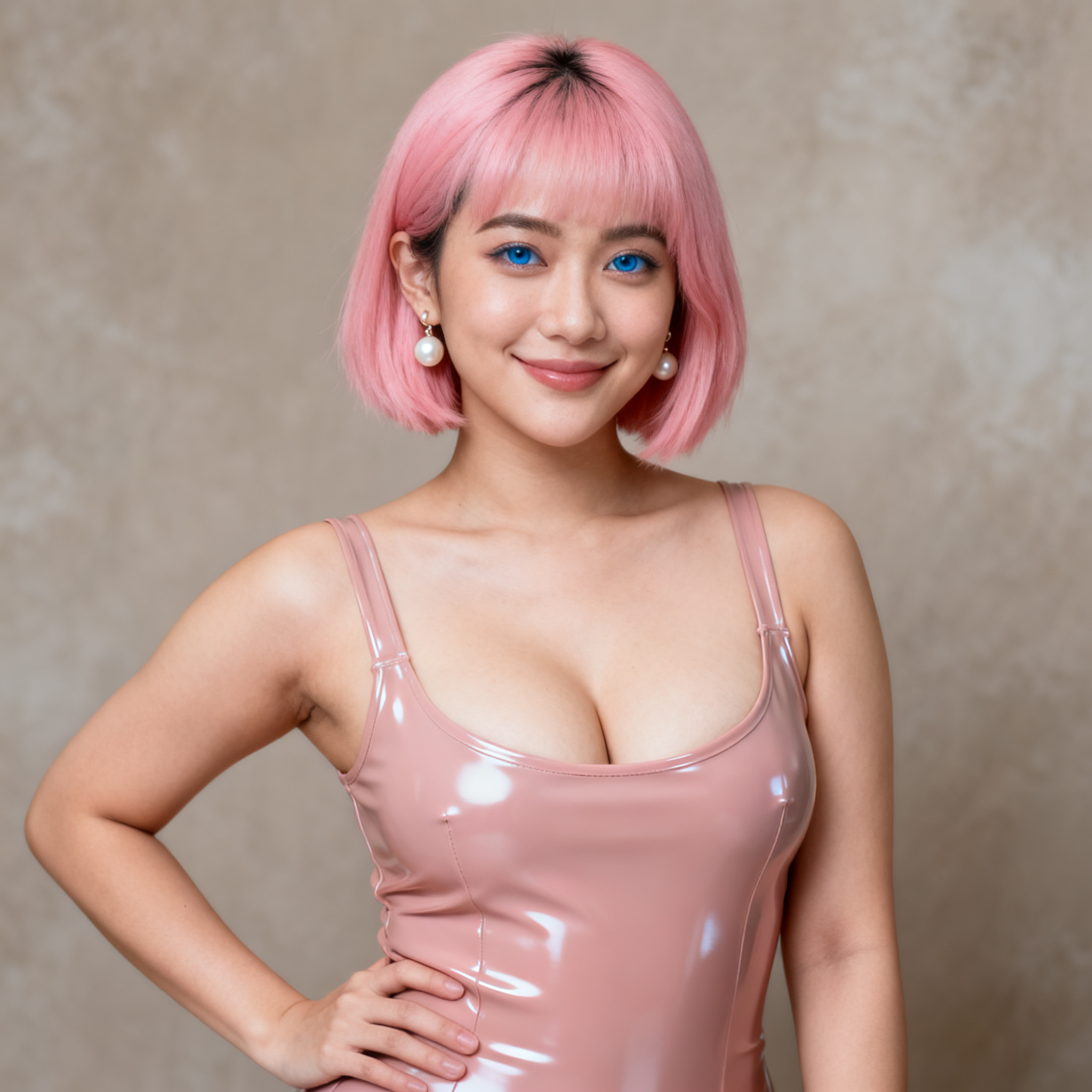 Clonella custom AI soulmate Min Vu, pink hair, latex outfit